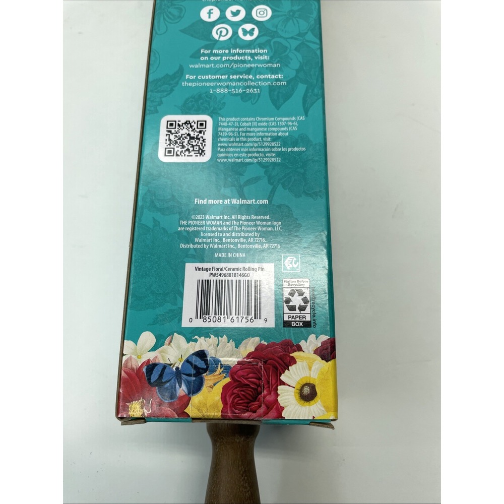 The Pioneer Woman Vintage Floral Ceramic Rolling Pin w/Acacia Wood Handles NWT - Picture 6 of 6